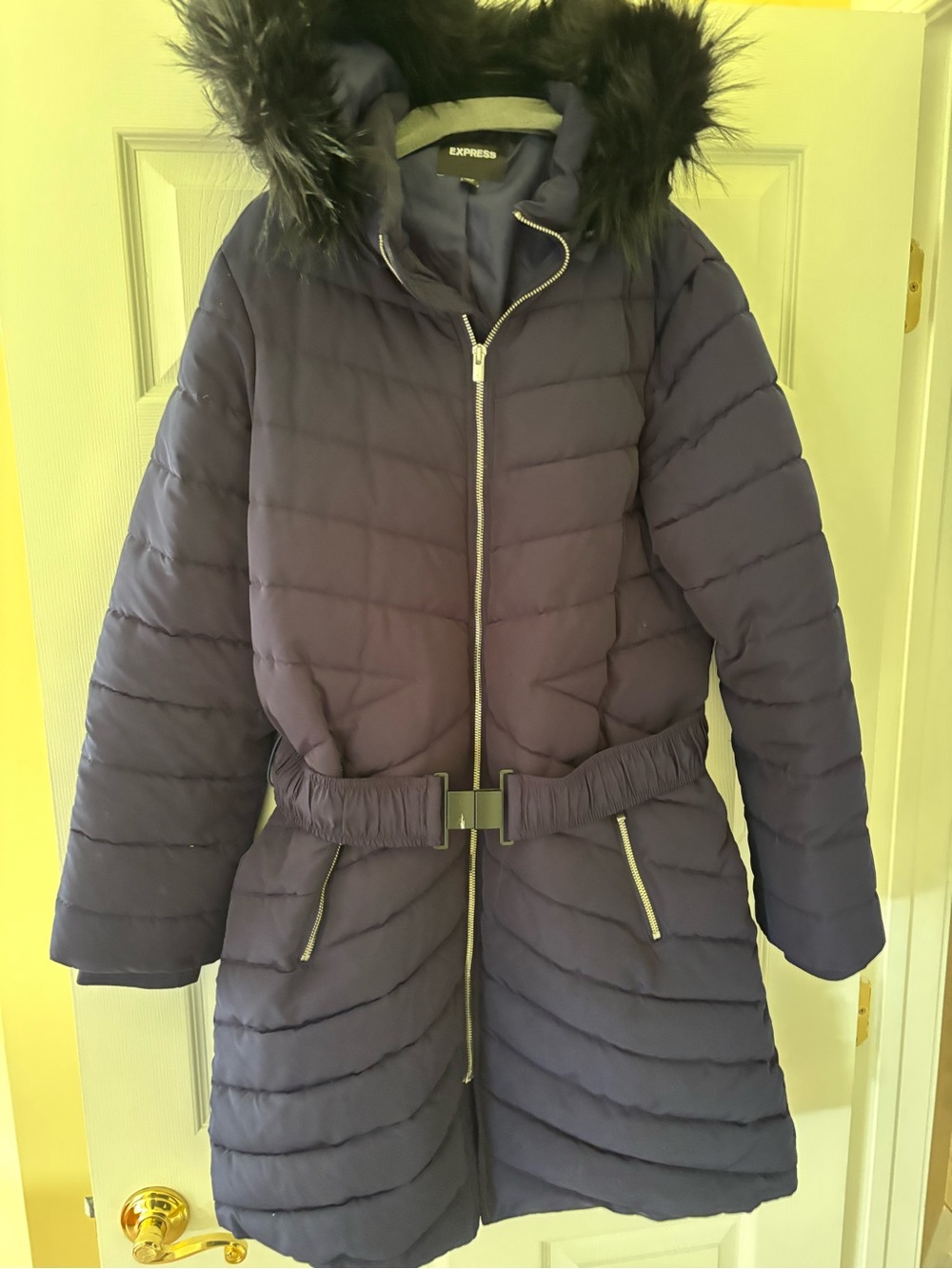 Express Quilted Hooded Puffer Coat in Navy with Faux Fur Trim